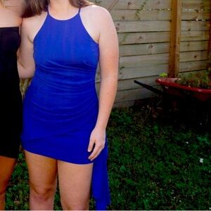 Daphne Stretch Crepe Halter Neck Sleeveless Asymmetrical Hem Side Drape Dress